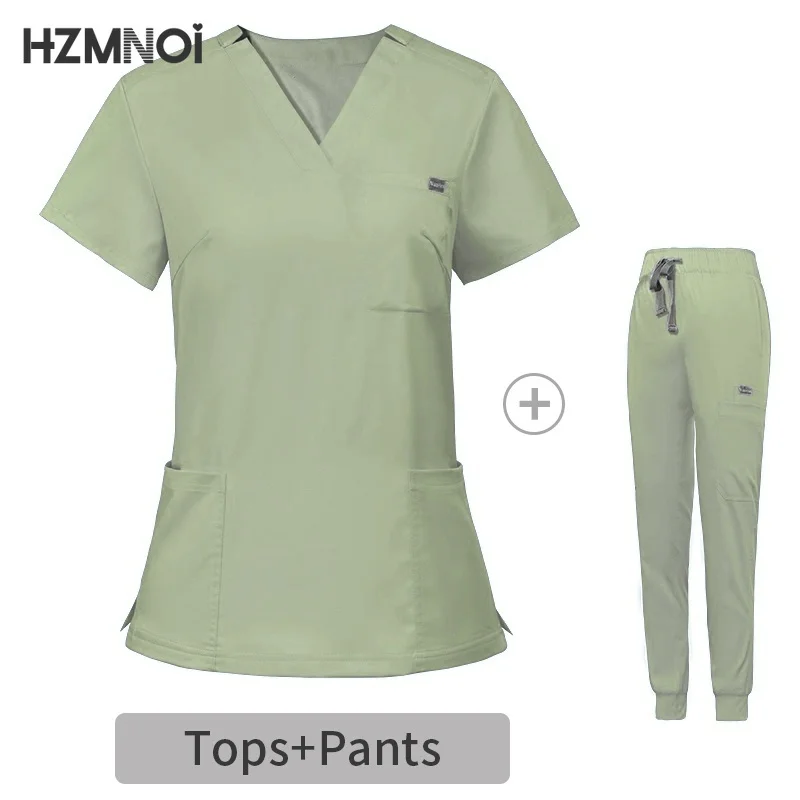 HZMNOI แขนสั้นชุดพยาบาลชุดสไตล์หญิงสตรี Tie Up Medical Scrubs พยาบาล Medical Spa ชุดสตรี