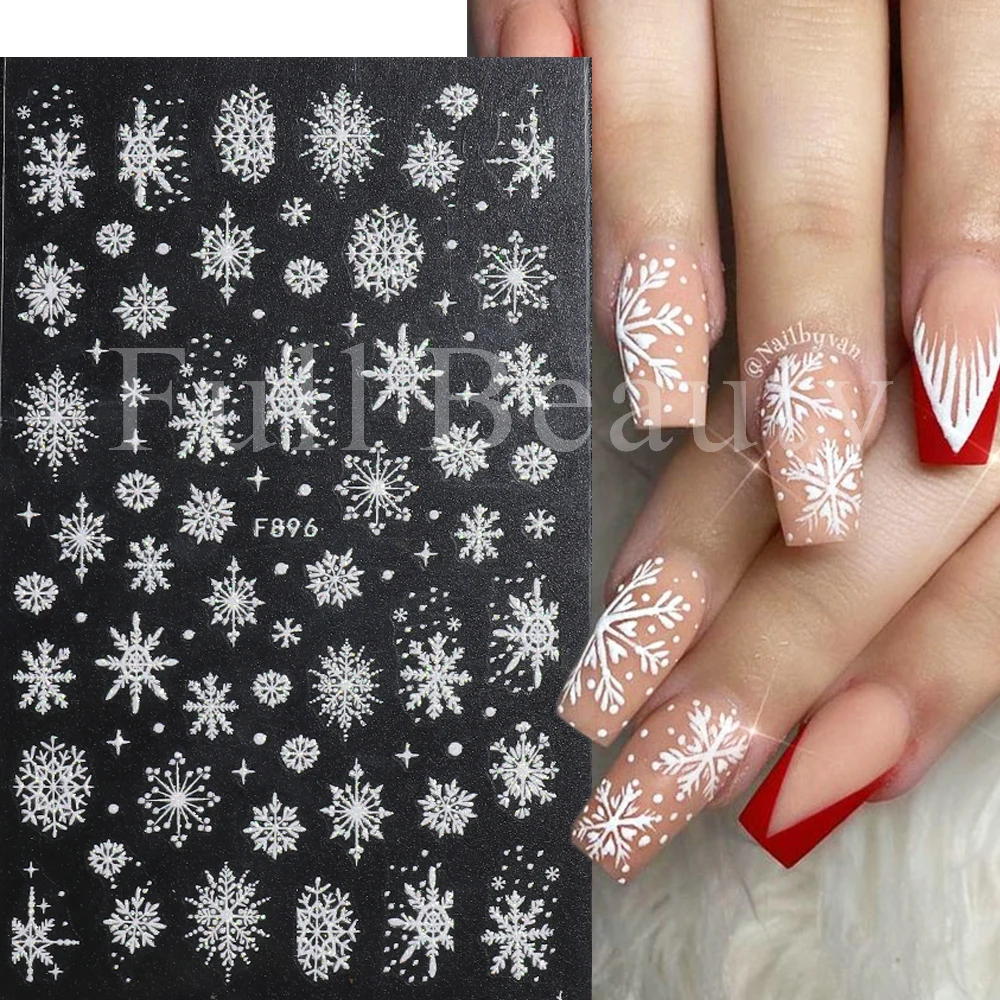 Glitter Nail Stickers Witte Sneeuwvlokken Ornamenten Reflecterende Sliders Voor Nagels Kerstversiering 2022 Manicure Decals GLF897