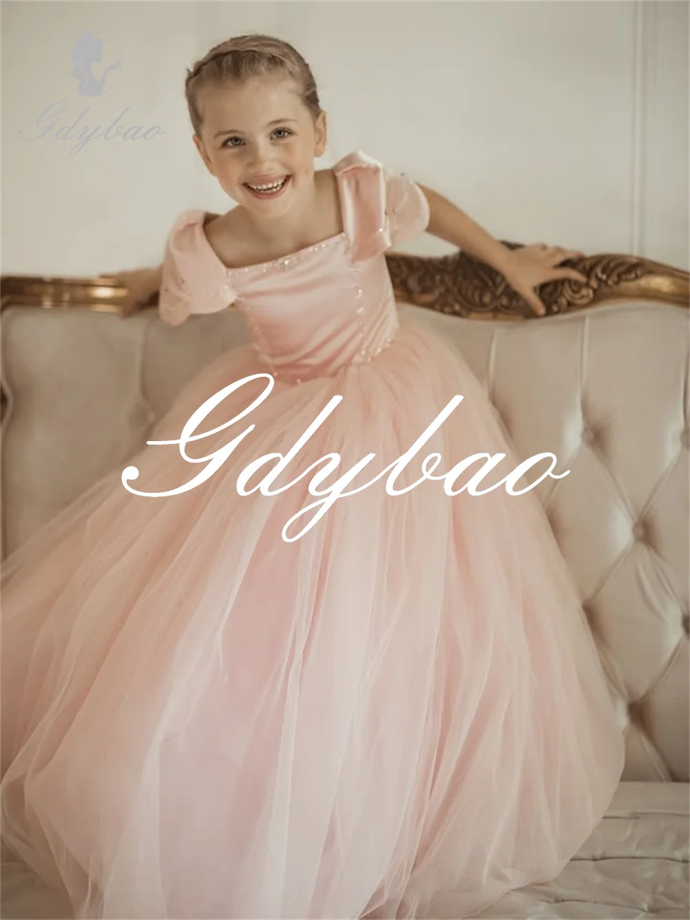 

Beading Princess Wedding Dress For Girl Tulle Pleat Long Ball First Communion Dress Crystals Formal Flower Girl Dress Customized