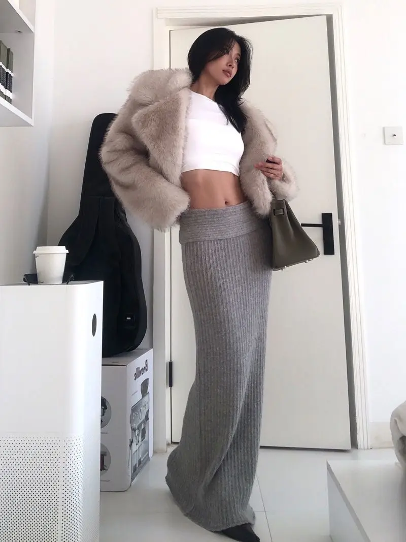 Luxury Faux Fox Fur Cropped Jacket for Women Winter Fluffy Cozy Warm Coats Female Fashion Street Lapel Collar Plush Outerwear
