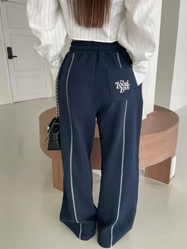 Houzhou y2k vintage listrado cintura alta calças de perna larga feminino estilo coreano estilo preppy retalhos carta bordado calças 2024