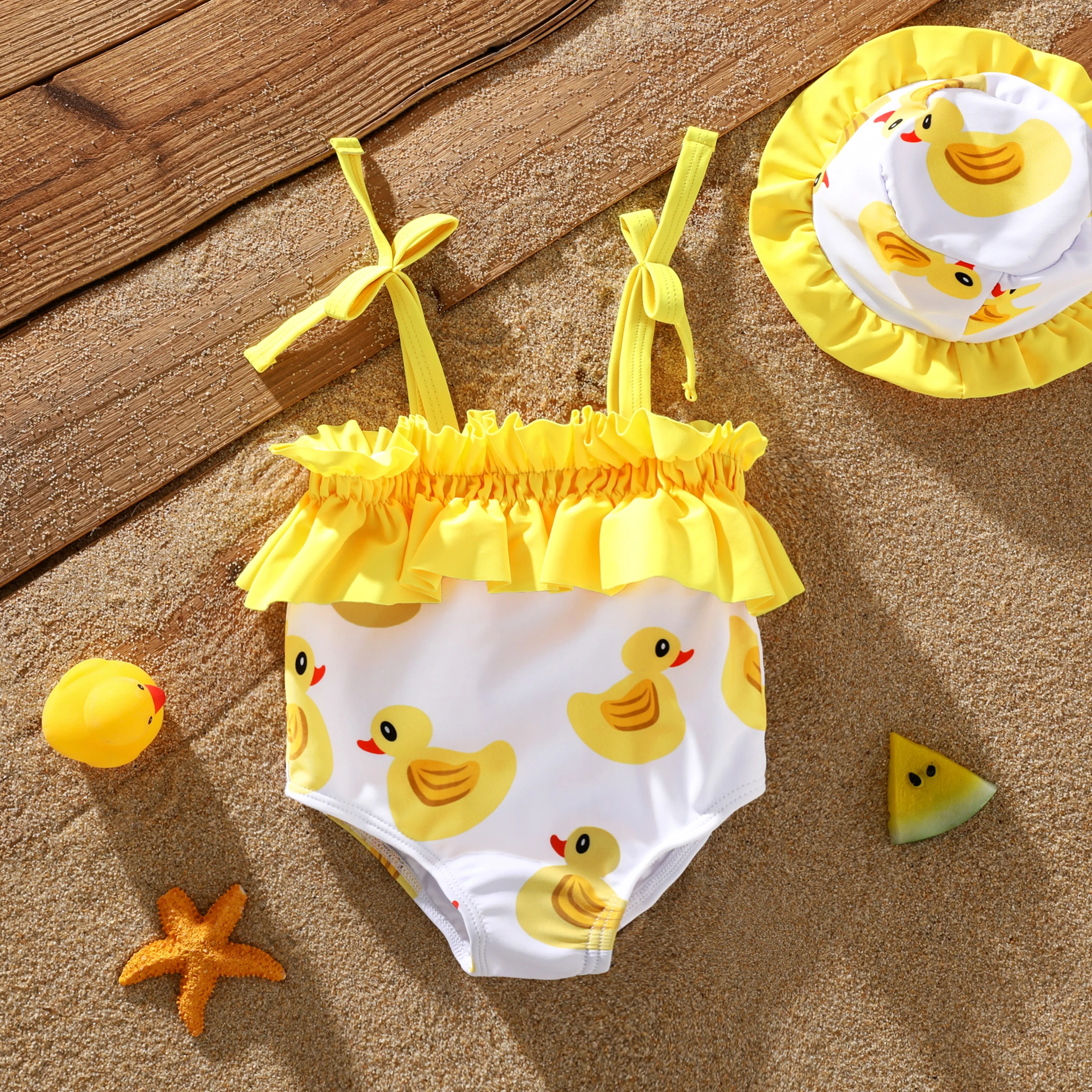 PatPat Childlike Animal Ruffle Swimsuit 2pcs for Baby Girl - Polyester Spandex