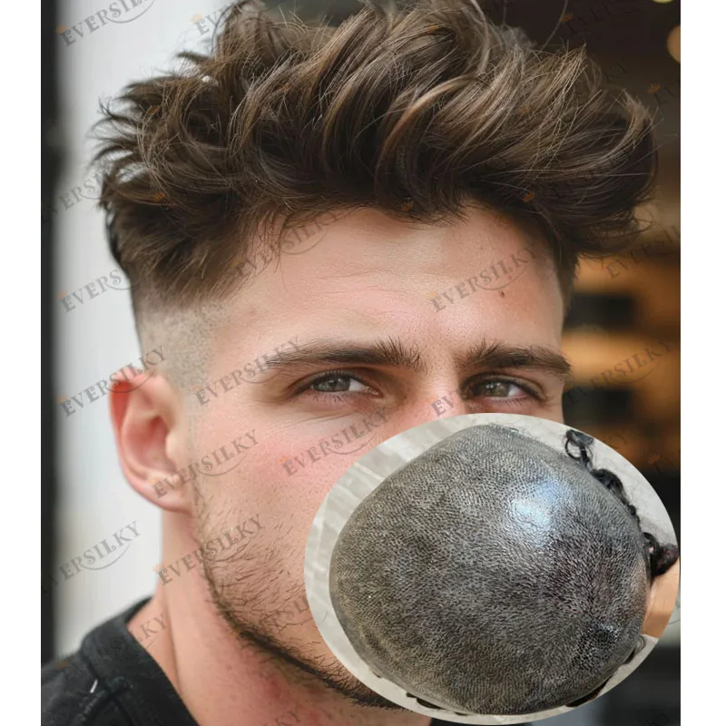 

Дешевые мужские волнистые человеческие волосы парик супер прочный полный инъекционный PU база мужские парики коричневый блондин мужские шиньоны протез капиллярный