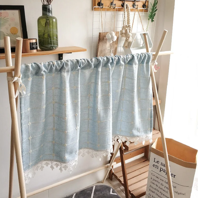 

Boho Short Curtains for Bedroom Kitchen Cotton Linen Plaids Embroidered with Lace Edges Semi Blackout Farmhouse Window Treatment