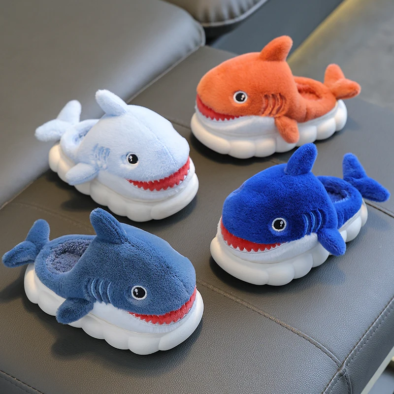 New Winter Cute Cartoon Shark Shaped Cotton Slippers Children\'s Non-slip Soft For Kids Girls And Boys Baby Warm Plush Home Shoes