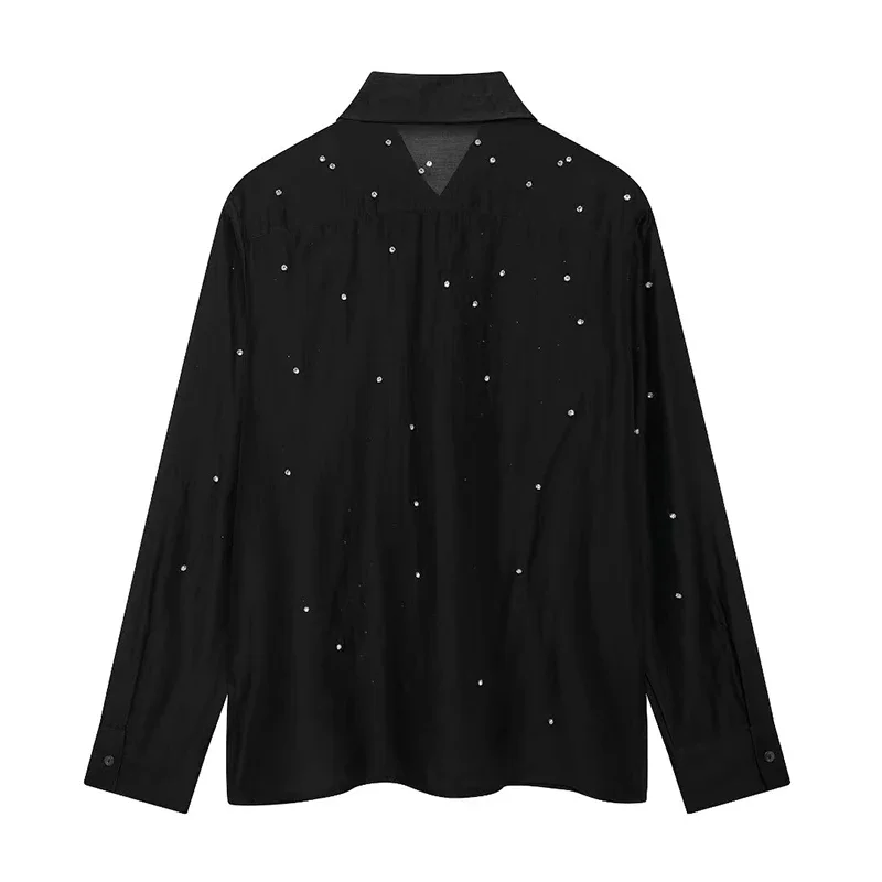 Women Fashion With Pearls Black Single Breasted Blouse Vintage Lapel Neck Long Sleeves Female Chic Lady Shirts