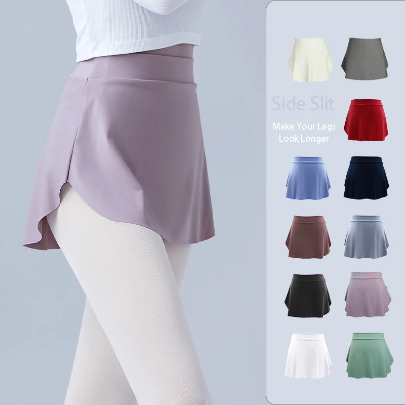 Women Side Split Dance Skirts Adult Versatile A-line Skirts Yoga Fitness Tennis Wear Widen Elastic Waistband Ballerinas Dress
