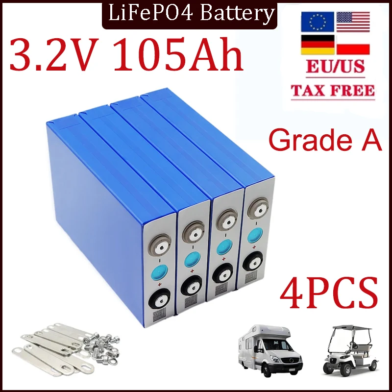 4pcs Grade A 3.2V 105AH lifepo4 Battery Cells Rechargeable Battery Pack for Solar Li-Ion High Current Rechargeable Power Cell