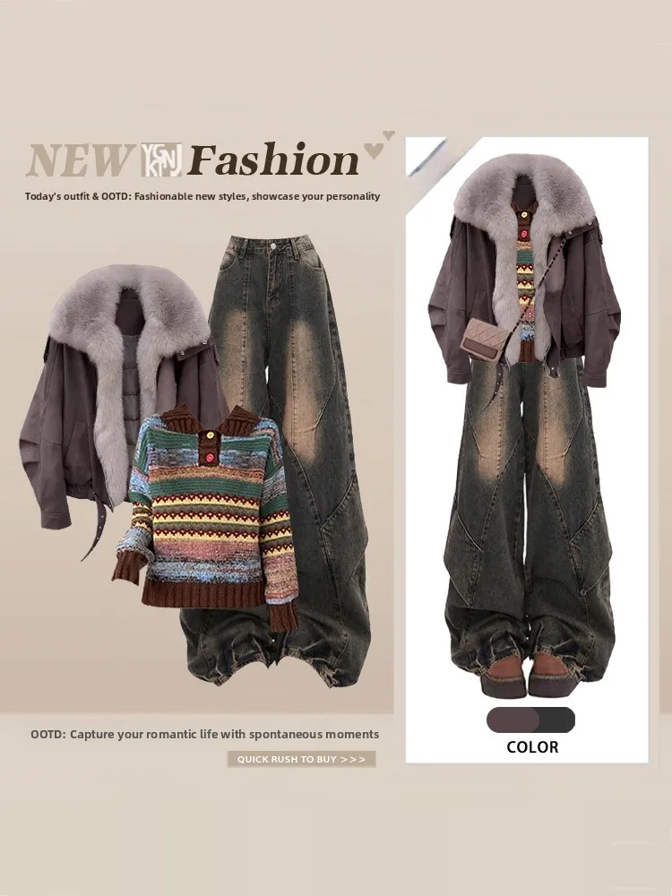 

Свитер с меховым воротником в стиле ретро, высокая талия, широкие джинсы, комплект футболок, женская зимняя модная верхняя одежда, воротник контрастного цвета