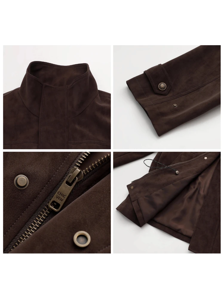 CHIC VEN nuevas mujeres abrigo de piel sintética cuello alto Retro ante nuevo cintura ajustable longitud media chaqueta femenina Otoño Invierno 2025