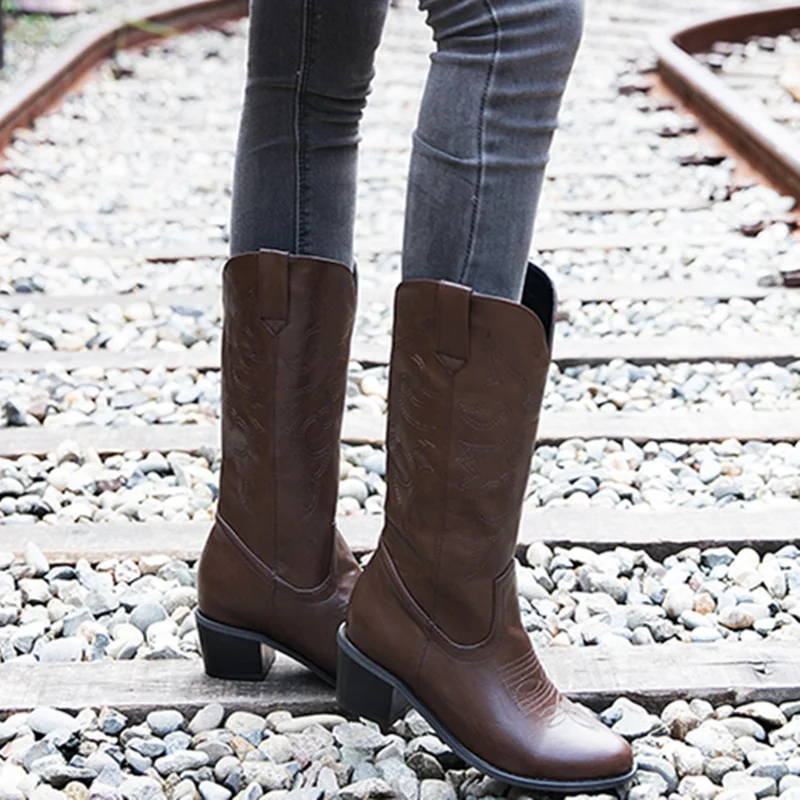 Classic Mid-calf Boots Women Fashion Embroidered Western Cowboy Boots for Women pu Leather Cowgirl Boots Low Heels Shoe Big Size