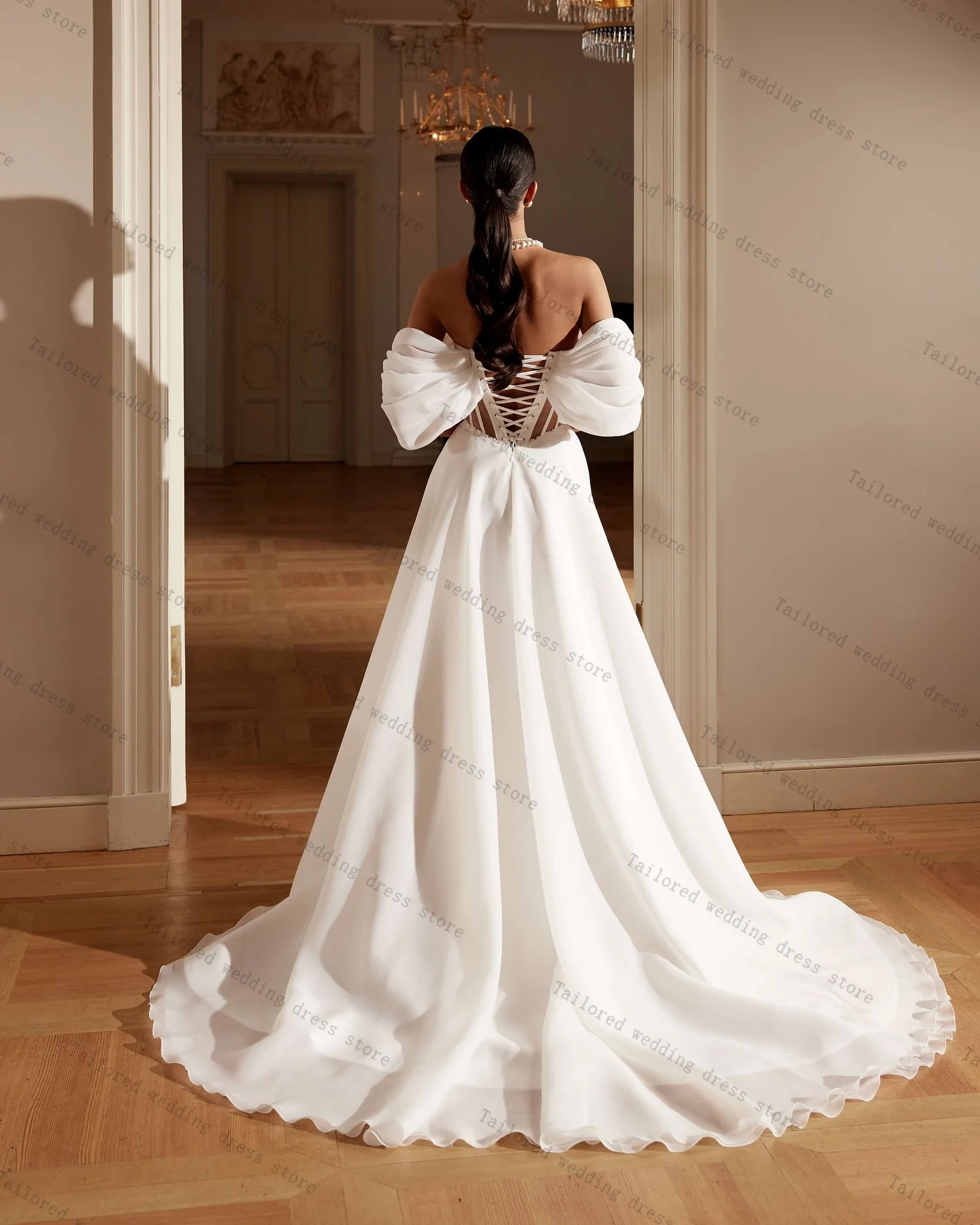 فساتين زفاف بيضاء مثيرة بدون أكتاف بدون أكمام وأربطة من الخلف فستان زفاف مخصص سويب تراين بسيط أنيق رداء دي ماري