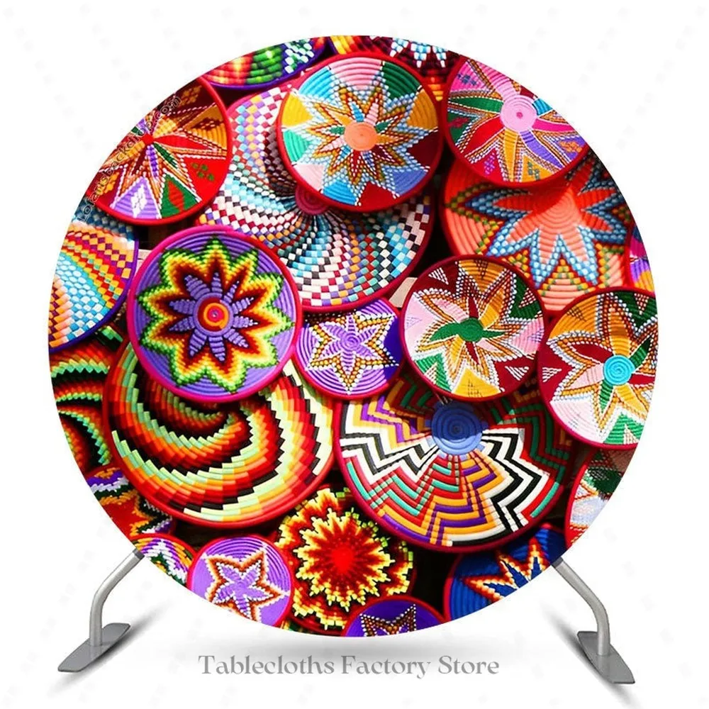 Tableclothsfactory Mexican Traditional Ethiopian Round Backdrop Flowers Pattern Africa Colorful Circle Cover for Party Birthday