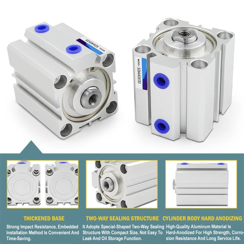 SDAThin Air Cylinder No Magnetism 16 20 25 32 40-100mm Bore Compact  5-100mm Stroke Double Action Aluminium Pneumatic Cylinder