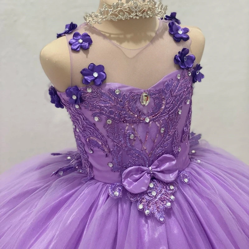 Lavender Cute Children Applique Beading Bow Princess Dress Beauty Pageant Gowns Puffy Flowers Girl Birthday Dress Photography