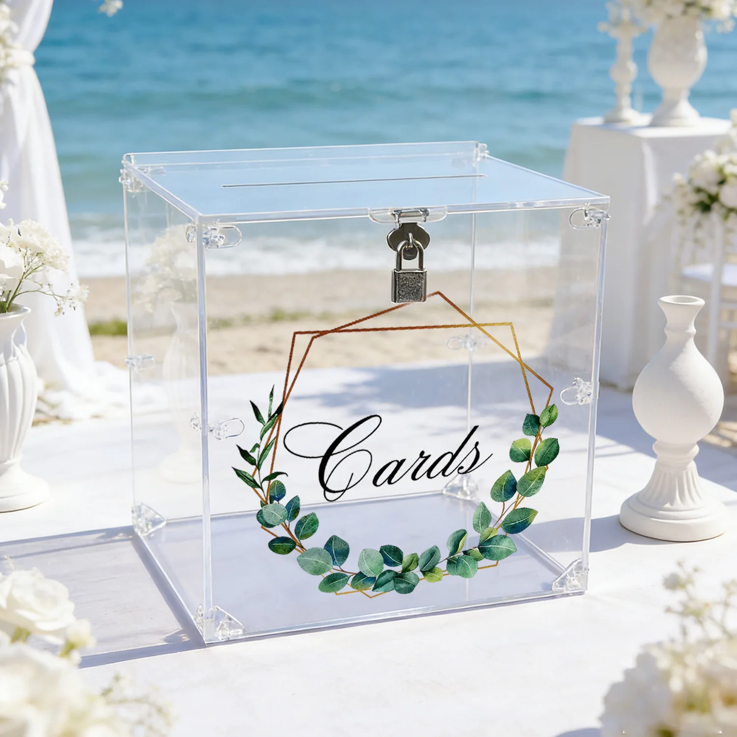 

Акриловые коробки для свадебных открыток с замком, дизайном в виде эвкалиптового венка и открыток, коробки для открыток на свадьбу, выпускной, вечеринку в честь рождения ребенка