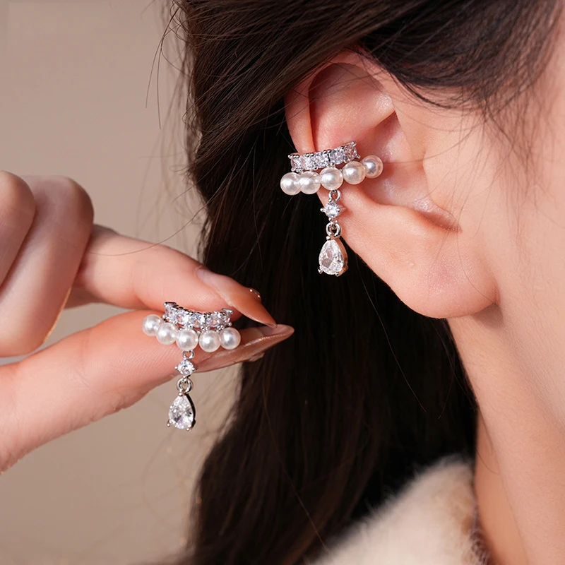 2 Stück glänzende Wassertropfen-Zirkon-Anhänger-Clip-Ohrringe für Damen, doppellagig, C-Form, Kristallperle, kein Piercing, Ohrclip-Manschette – Detail 7