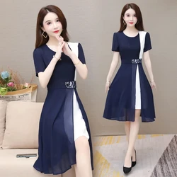 2024 New Summer Chiffon Dress Women Color Matching Elegant Short Sleeve O Neck Vintage Dresses Lady Office Party Dress Vestidos