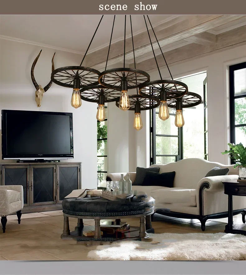 

T Vintage Loft Crative Pendant Light With LED Bulbs For Restaurant Bar American Country Style Iron The Wheels Shape Lamps
