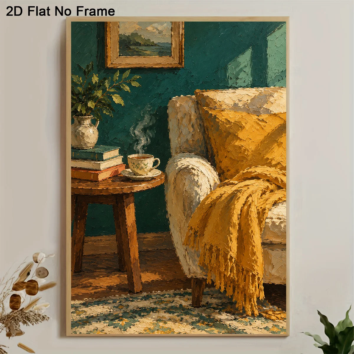 2027,2D Flat, 2D Flat, Frameless Canvas Poster, Cozy Impressionist Tea Time Living Room Scene, Wall Art Canvas Painting, Bedr