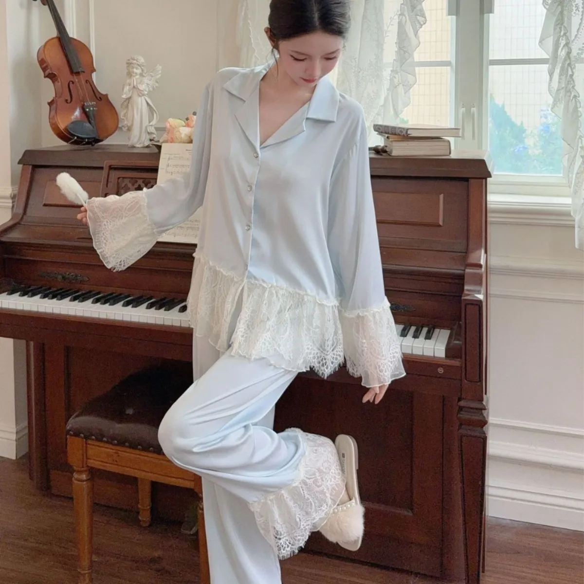 

Blue Pajamas Long Sleeve Sleepwear Lady Satin Home Clothes Luxury Lace Trim Top&pants Women Summer Spring Loungewear Nightwear