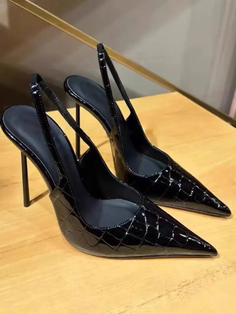 Elegant Black Stone Pattern High Heel Sandals Women's Sexy Pointed Toe Thin Heel Backless Slip-On Fashionable Minimalist Style