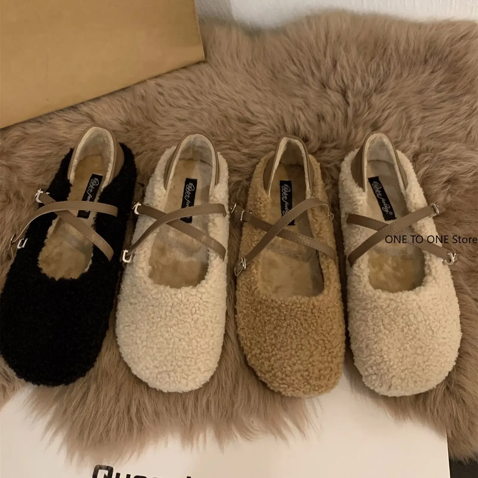 2024 Fashion Round Toe Wool Ballet Flats Ladies Brand Design Fur Mary Jane Shoes Woman Winter Warm Plush Loafers Mujer