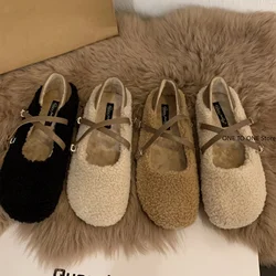 2024 Fashion Round Toe Wool ballerine Ladies Brand Design Fur Mary Jane Shoes donna Winter Warm Plush mocassini Mujer