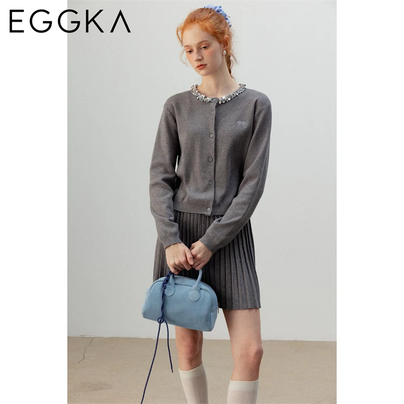 EGGKA Autumn Knitted Two Piece Set Women Embroidery Design Knit Cardigan + Elegant Pleated Skirt Korean Fashion Knit Suits 2024