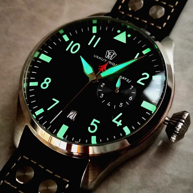 48mm Vakuy Automatic Mechanical German Pilot\'s Sport Watch 2C30 Movement Luminous Large Dial Kinetic Display Luminous