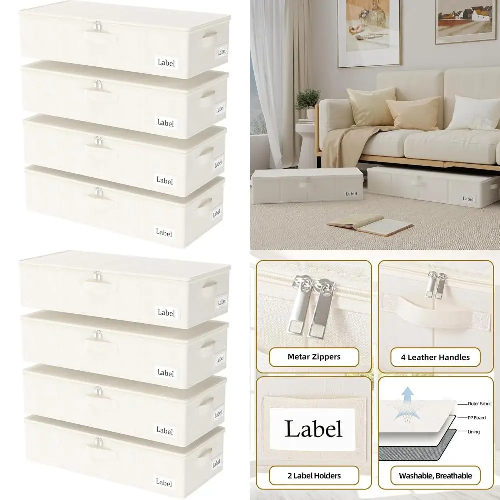 

Компактные сумки для хранения под кроватью с крышками, прочной молнией, держателями для этикеток, для одежды, 23.6x11.8x6, набор из 4 штук, бежевый цвет