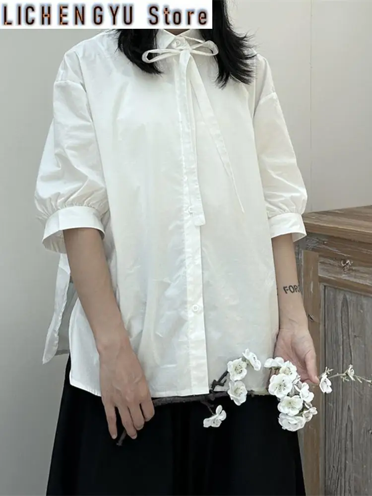 Women White Back Flower Big Size Blouse Lapel Half Sleeve Loose Fit Shirt Fashion Tide Spring Summer