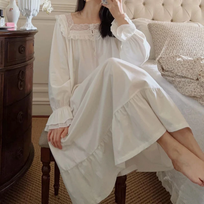 Women Vintage Cotton Nightgown Princess Nightwear Fairy Lace Sweet Long Sleeve Sleepwear Loose Peignoir Robe Night Dress Gown