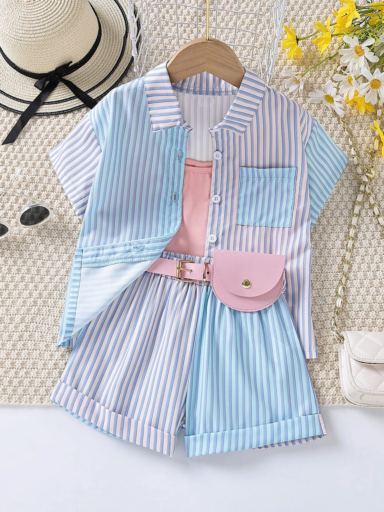 3 pcs Girls Summer Qutfit Set - Button Down Short Sleeve JacketCropped Camisolea  Shorts Whit Belt And A Bag  Daily Casual