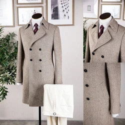 Winter Luxury Long Coat For Men Herringbone Notch Lapel Double Breasted Groom Wear Slim Fit Business Office 2 Pcs Jacket Pants