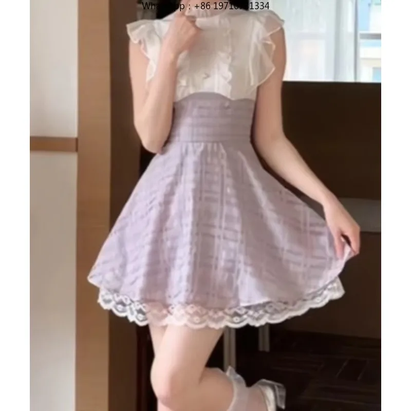 Women Harajuku Kawaii Plaid Mini Dress High Waist Ruffle Sleeve Lace Vintage Party Dress