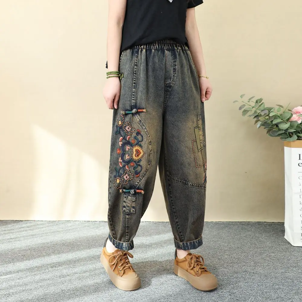 

Retro Ethnic Button Denim Jeans Women's Spring Summer Loose High Waist Nine Points Harlan Pants Casual Wear TT954