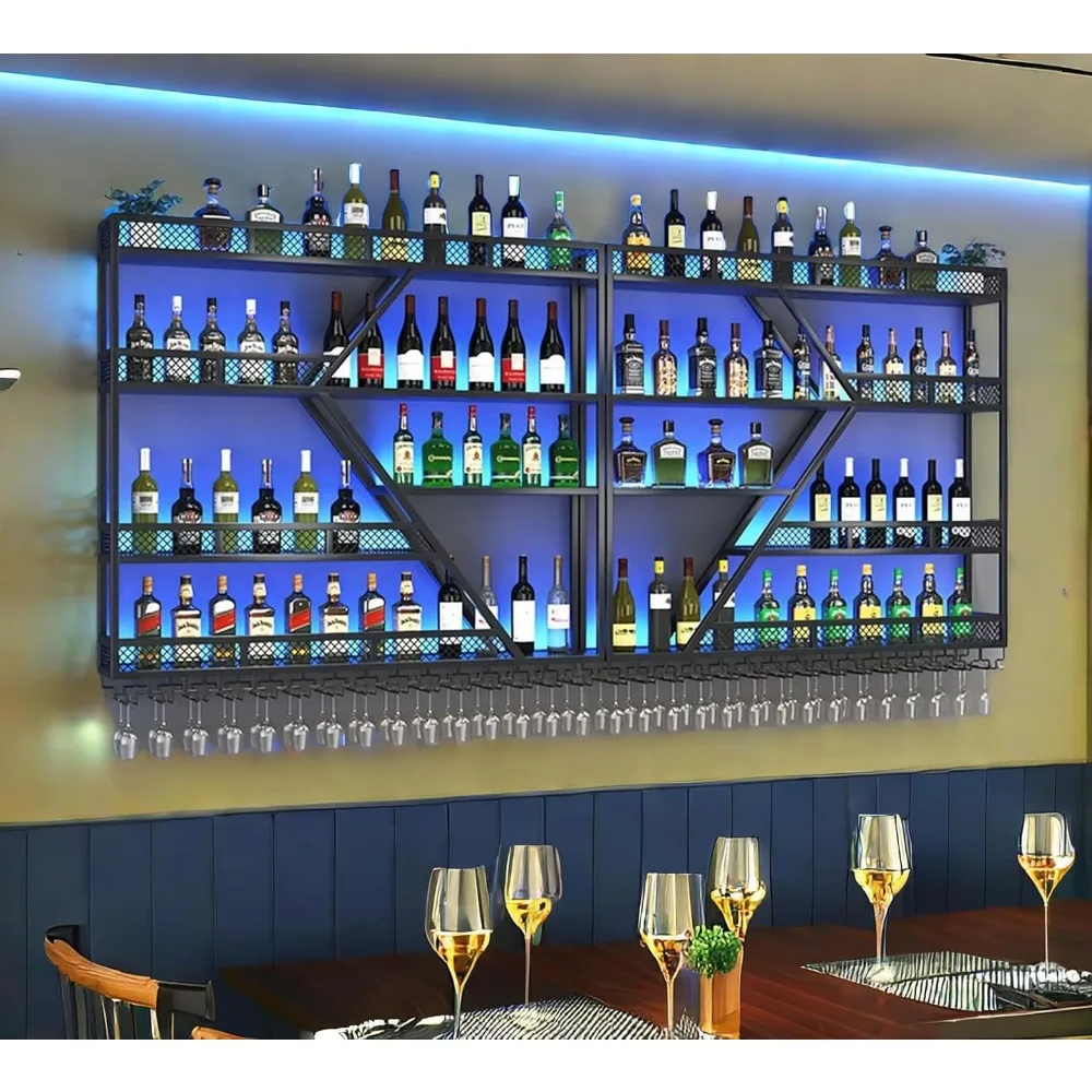 

Modern Wall Mounted Wine Rack w/LED Light, Metal Wall Bar Shelves Wall Mounted w/Glass Holder, Large Liquor Shelf for Liquor Bot