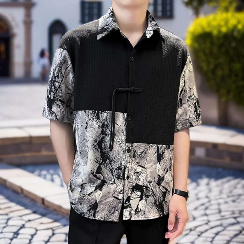 Summer Fashion Street Wear Men's Patchwork Vest Shirts Short Sleeved Handsome Floral Shirt Men Chemise Homme De Marque De Luxe