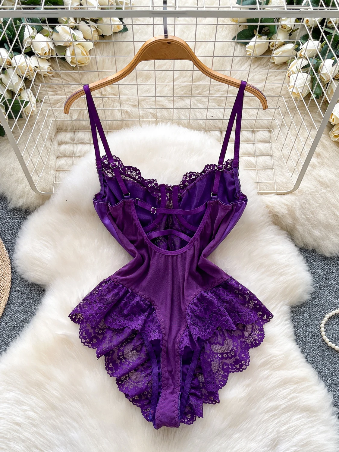 Vrouwen Paarse Body Overalls Y2k Off Schouder Rompertjes Kant Patchwork Speelpakjes Vintage Exotische Sexy Rompertjes Coquette Kleding