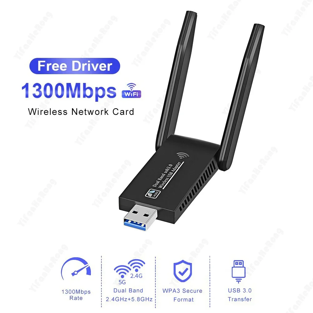 Adattatore di rete wireless Adattatore WiFi USB 3.0 da 1300 Mbps Dual Band 5 GHz/2.4 GHz 2 antenne Dongle Wi-Fi per Windows per Mac OS