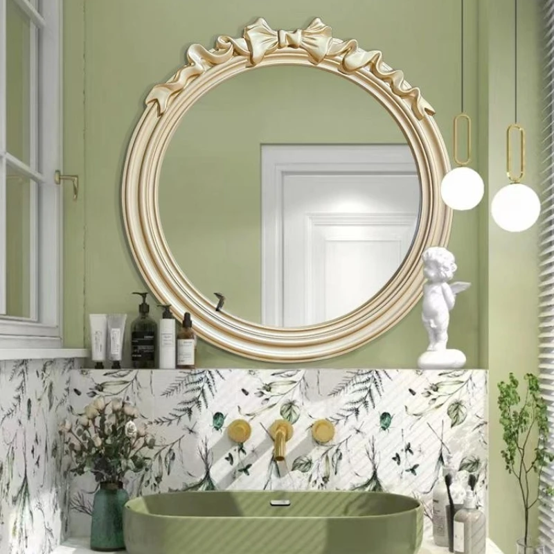 

European-Style Bathroom Mirror round Wall-Mounted Bathroom Bathroom Mirror French LED Light Defogging