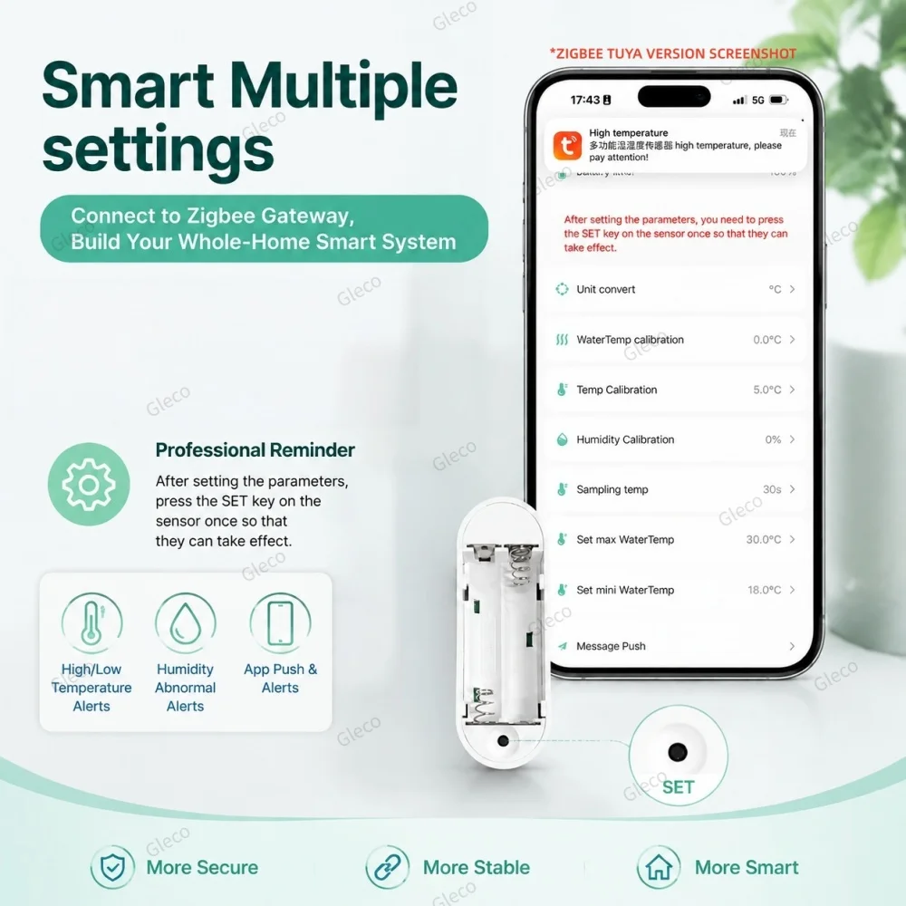 Zigbee Temperatur- und Feuchtigkeitssensor mit externer abnehmbarer Sonde, Thermometer TUYA 2MQTT, Fernüberwachung für Pflanzen, Aquarien, Pools – Detail 10