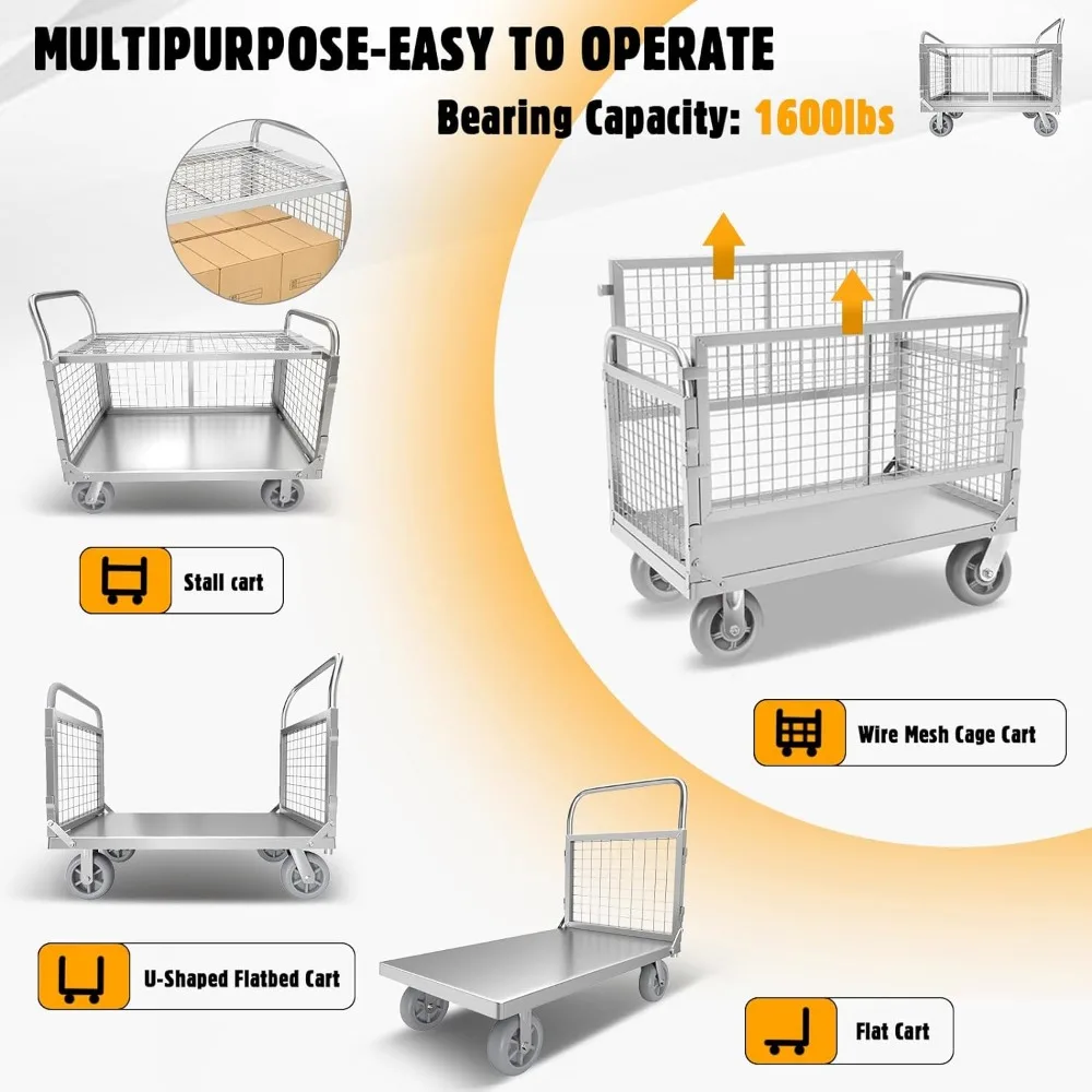 عربة شاحنة منصة قابلة للطي مع قفص ، عربة دفع للخدمة الشاقة ، دوللي ، تحميل 1600 رطل مع عجلات دوارة ، 4in 1