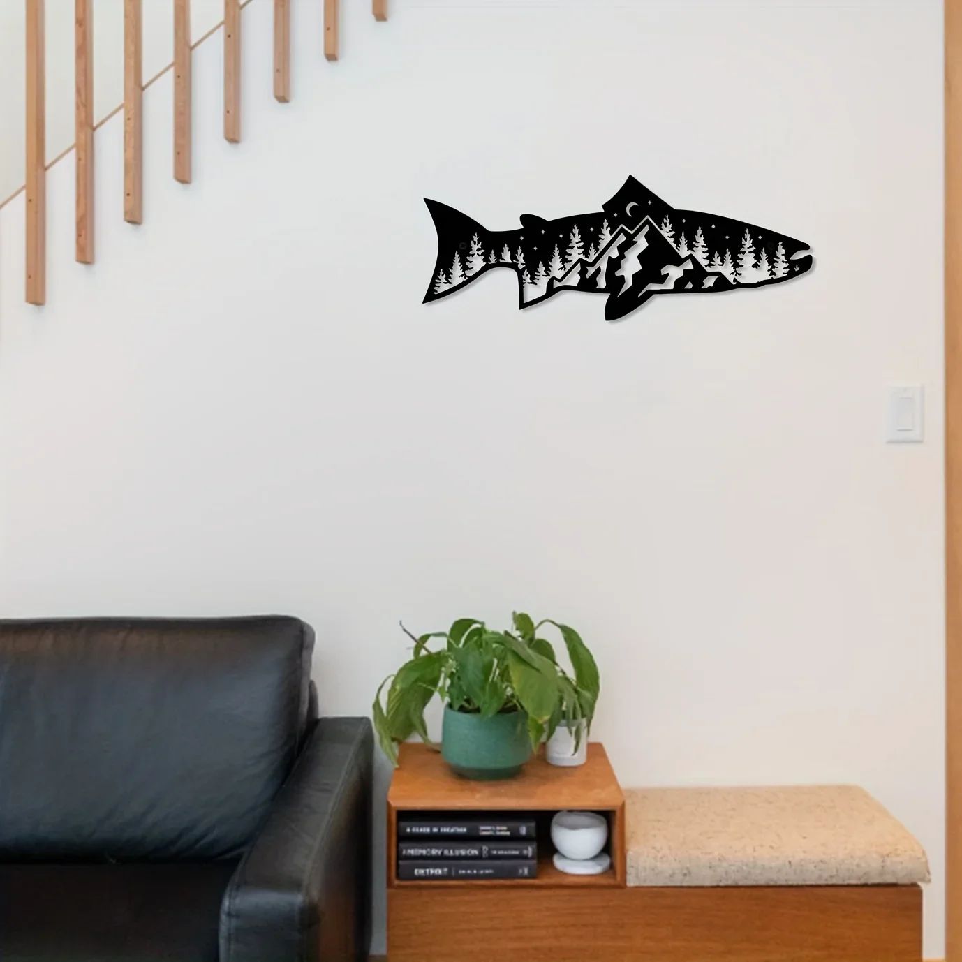 Cifbuy Unique Mountain Forest Metal Wall Art Fish-Shaped Wall Decoration, Suitable for Home Wall Decoration, Wall Stickers, and Room Decoration