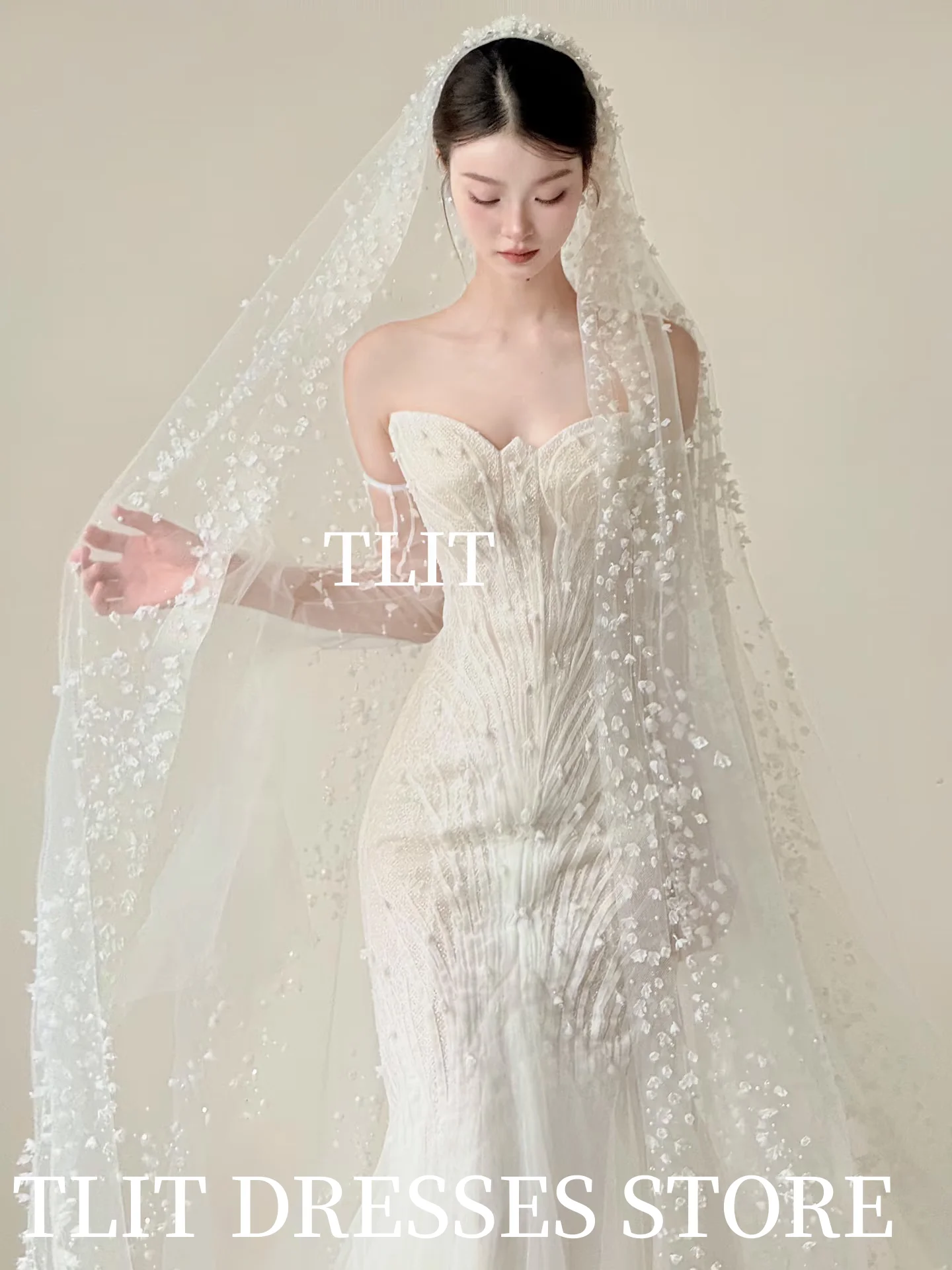 TLIT Lovely Ivory Lace Tulle Wedding Dresses Customized Sleeveless Pearls Bridal Gowns Korea Wedding Dresses Photos Shoot
