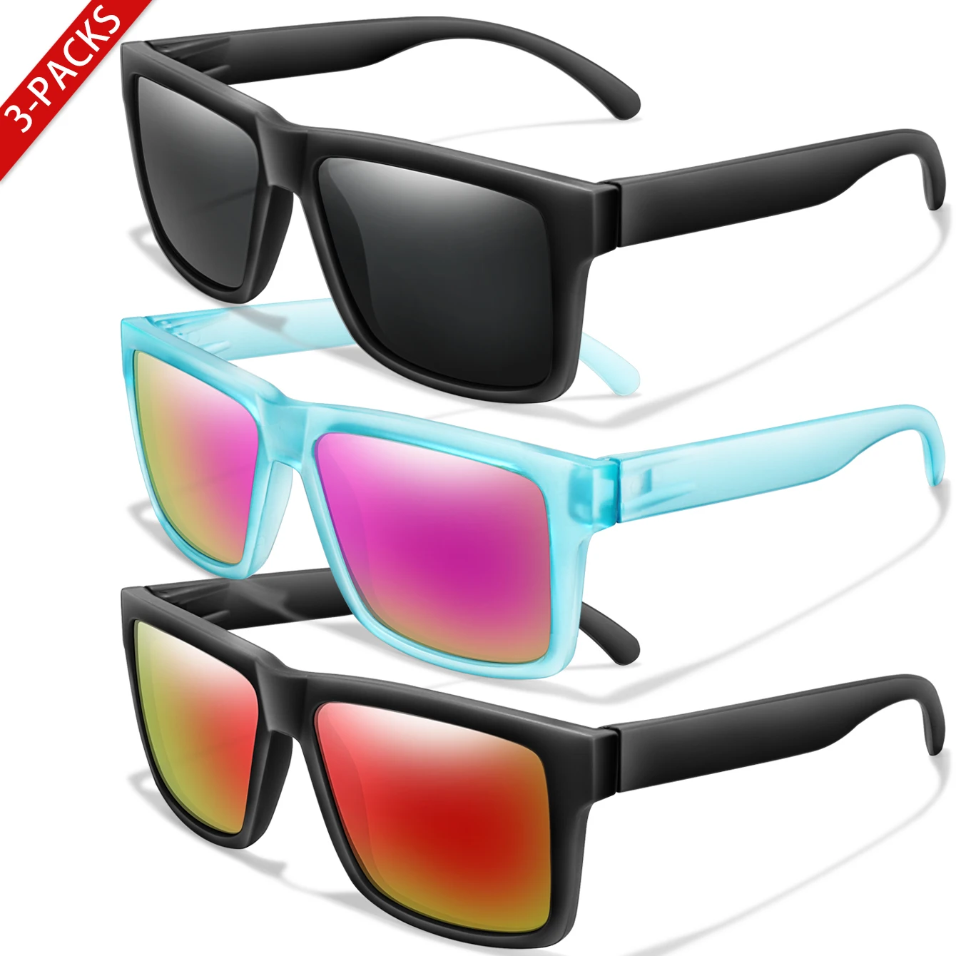 Lunettes de soleil polarisées carrées classiques pour hommes et femmes, Protection UV, lentilles colorées pour le cyclisme en plein air, la pêche et la conduite, 3 pièces