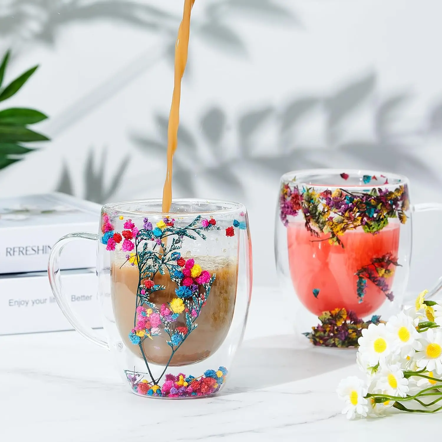 

250/350ml Flower Double Wall Glass Cup With Handle Handmade Clear Espresso Cups Home Mug For Milk Latte Cappuccino Tea Water