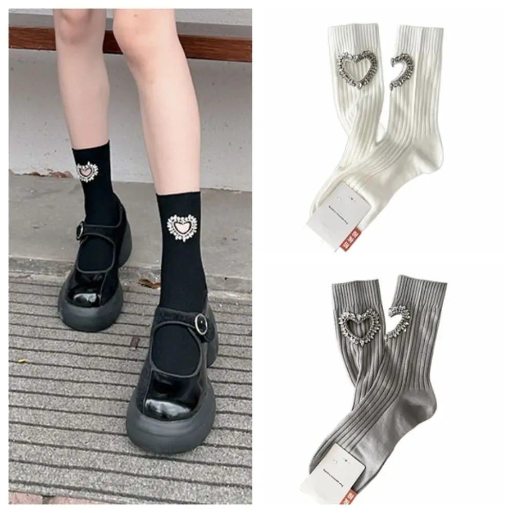 

1 Pair Fashion Jk Rhinestone Cotton Socks Y2K Heart Pattern Tube Socks Harajuku Hosiery Women Girl Lolita Mid-Calf Socks