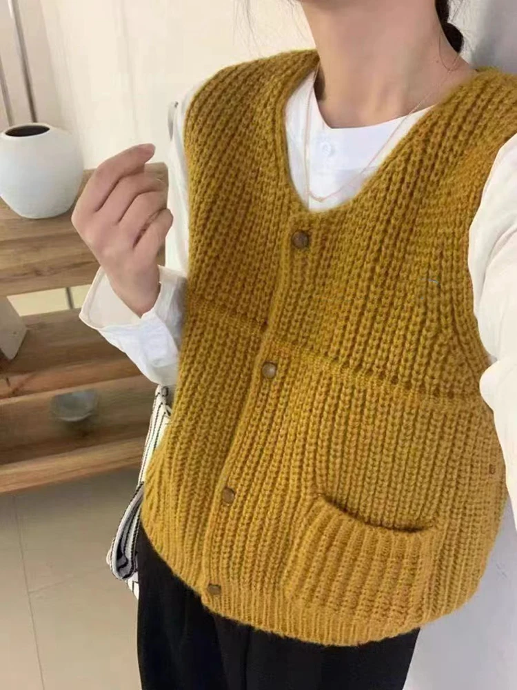 Zoki Vintage Streetwear Knitted Vest Sweaters Women V Neck Loose Casual Yellow Vest Coat Korean Casual Single Breasted Retro Top